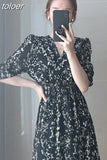 Korea Fashion Clothing Summer Slim Elastic Waist A Line V Neck Elegant Office Lady Floral Chic Chiffon Long Dress
