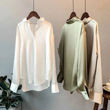 Vintage Fashion Button Up Satin Shirt Silk Korean Office Ladies Elegant Shirt Blouse White Long Sleeve Shirts Tops