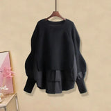 Solid Color Patchwork Knitted Jumpers Female Clothing Korean Loose Spring Autumn Casual All-match Long Sleeve