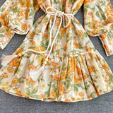 Casual Print Patchwork Dress For Women Stand Collar Lantern Long Sleeve Lace Up Slim High Waist Mini Dress Female