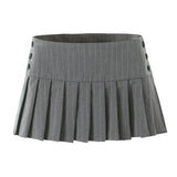 Grey Striped Print Side 3 Buttons Pleated Mini Skirt Sexy Low Waist Short Skater Skirts-Outfit