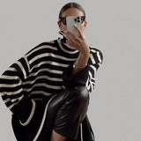 2022 Autumn Winter Oversized Knitted Pullover Women Turtleneck Long Sleeve Khaki Striped Loose Sweater Casual