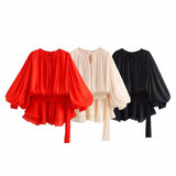 Bubble Sleeve Lotus Side Wrinkle Skirt 2025 Spring And Summer Lace With Round Tie Waist Mini