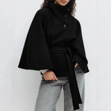 Women's Autumn And Winter New Fashion Pure Color Cape Collar Collar Belt Wind