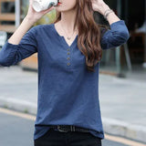 Clothing Spring and Autumn New Loose V-neck Button Tee Shirt Long Sleeve T-shirt Women's Large Pullover Casual Tops-Outfit