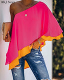 2020 Autumn Women Contrast Color Ruffles Trim Irregular