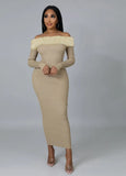 Sexy Kahaki Ribbed With Fake Fur Off Shoulder Long Sleeve Long