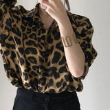 Chic Autumn Vintage Leopard Print Collar Single Buckle Loose Leisure Long-Sleeved Shirt
