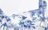 Adjust Bow Strap Blue White Floral Print Camis Women Summer Ruched Short Tank Tops Retro Cool Girl Sexy Slim Crop Top Tees-Outfit