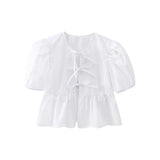 Women's Elegant Kawaii Summer Peplum Blouse Tops Short Puff Sleeve Round Neck Bow Tie-Up Front Babydoll Flare Shirts-Outfit