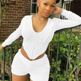 women tracksuit fitness long sleeve v-neck zipper crop top biker shorts two piece outfits sporty fitness slim