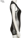 Sisterlinda Sexy See Through Mesh Patchwork Rompers Women Sleeveless Elastic Workout Velvet Overalls Activity Midnight