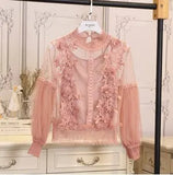 Women Tops Fashion Sexy Sheer Lace Blouse Lantern Sleeve 3D Floral Blouses Shirts Elegant Top Blusas
