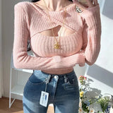 Spring Women Solid Short T-Shirts Sexy Crop Top Long Sleeve Bandage Tee Tops Female Backless Fake Two Tshirt Korean Clothes-Outfit
