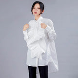 Elegant Black Patchwork Ruffle Shirt For Women Stand Collar Long Sleeve Solid Blouse Female Fashion New