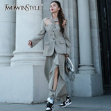 Casual Two Piece Set Women Notched Cut Out Long Sleeve Coat High Waist Korean Fashion Pants Women's Suit 2021