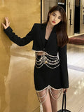 TWOTWINSTYLE Black Two Piece Set For Women Notched Collar Long Sleeve Blazer Mini Skirts Patchwork Chain Tassels Sets Female
