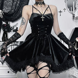 Halloween Dark Suede Tie Waist Dress Sexy Lace Suspender Skirt Woman-Outfit