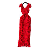 High-End High-End Light Luxury Small Frills Fold Three-Dimensional Lotus Leaf Side Of The Long Temperament Dress