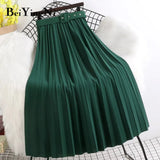High Waist Skirts Womens Belt Fashion Metallic Party Midi Pleated Long Skirt Black Pink Casual Korean Falda Mujer