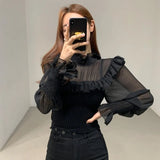Pleated Knit Ruffle Blouse Women Elegant Turtleneck Winter Top Autumn 2021 Korean Fashion Slim Chiffon Shirt Blusas