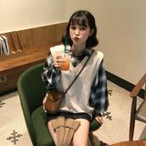 Deeptown Korean Style Plaid Patchwork Hoodie Women Kawaii Long Sleeve Pullover 2021 Casual Polo Uniform School Clothes Kpop