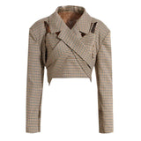 Women Khaki Plaid Irregular Short Blazer New Lapel Long Sleeve Loose Fit Jacket Fashion Tide Spring Autumn 2023
