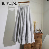 Linen Cotton Vintage Skirt Women Solid Beach Boho Pleated Maxi Skirts Summer Fashion Retro Elastic Waist Saia