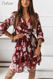 Casual Chiffon Long Sleeve Floral Print Dress Deep V Neck Pleated Office Dresses For Women Elegante Robe Femme