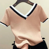 Women Blouse 2021 V-Neck Contrast Color Striped Top Tops Clothes Knitted Short Sleeve Shirt Femme Camisetas Mujer