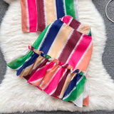 Summer Women Colorful Stripe Beach Suits Puff Sleeve Printed Top Blouse Shorts Mini Skirt Female Chic Tops 2 Piece