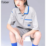 Women T-shirts Shorts Suit 2022 Summer Short Sleeve Polo Neck Loose Tees Waffle Contrast Color Casual Streetwear