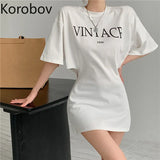 2021 New Summer Letter Print White Dress Korean Short Sleeve Female Dresses Vintage Sexy Hollow Out Robe