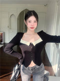 Temperament Black Collar Knitted Shirt 2025 Spring And Autumn New Open Fork Thin Short Bottom Long Sleeve