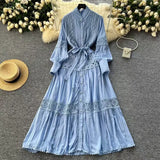 High-End Retro Lace Splicing Pearl Single Buckle Thin Temperament Collar Lantern Sleeve