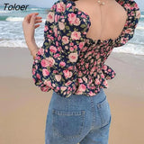 Women Floral Ruffles Retro Bodycon Elegant Sweet Harajuku Crop Top Chiffon Soft Summer Ins Hot Sale Holiday Female