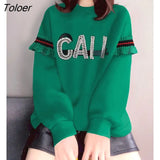 Sense Pullovers Women Autumn Winter Trendy Green Pullover Loose O-neck Peg Drill Letter Sweatshirt Casual Fashion