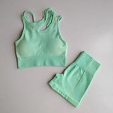 Seamless Gym Set Workout Clothes Women Short Sleeve Crop Tops Fitness Shorts Sports Wear Gym Clothing 2Pcs Sport