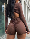 Brown Long Sleeves V-Neck Basic
