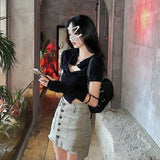 Street Short Sleeve T-shirt Women Harajuku Summer Hollow Out Slim Design Ins Korean Style Above Navel Cropped Top All-match-Outfit