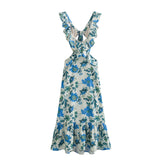 Fashion Women Flower Print Wood ears Strap Backless Tank Long Dress Women Hollow Out Lacing up Bow Back Swing Party Robe-Outfit
