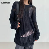 Gothic Ripped Sweater Punk Hollow Out Knitted Pullovers Loose Oversized Black Jumpers Female Hole Sweater Streetwear