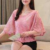 Butterfly Flower Half Sleeve Shirt Women Plus Size Fashion Chiffon Blouse Summer Cotton Edge Lace O Neck Loose Shirt 4073