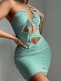 Graduation party Dresses Women Hollow Out Bodycon Dress Knitted Halter Summer New Backless Solid Club Party Sexy Skirt Bright Silk Women