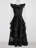 Hollow Out Lace Dress For Women Slash Neck Short Sleeve Off Shoulder High Waist Spliced Ruffles Long Dresses Female
