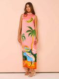 Summer New Sleeveless Round Collar Printing Holiday Style Casual Open Skirt Dress