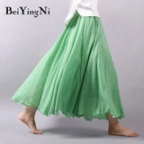 Linen Cotton Vintage Skirt Women Solid Beach Boho Pleated Maxi Skirts Summer Fashion Retro Elastic Waist Saia