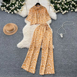 Light Style Suit Women's Fashion With Loose Short Print Shirt + High Waist Display Thin Leg
