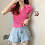 T-Shirt Women Summer New Short Net Red Hollow Knitted Shirt Full Set Thin Polo Collar Short Sleeve Top
