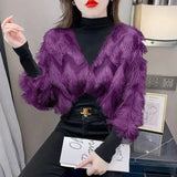 Tassel Korean Blouse Autumn Winter Fake Two Pieces Patchwork Women's Clothing Solid Color Casual Half High Collar